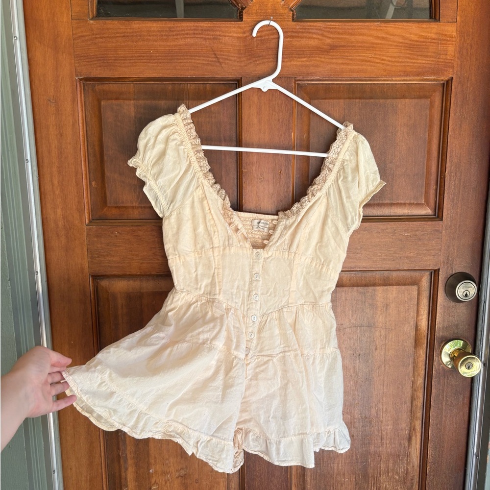 Cream Ruffled Button-Down Romper
